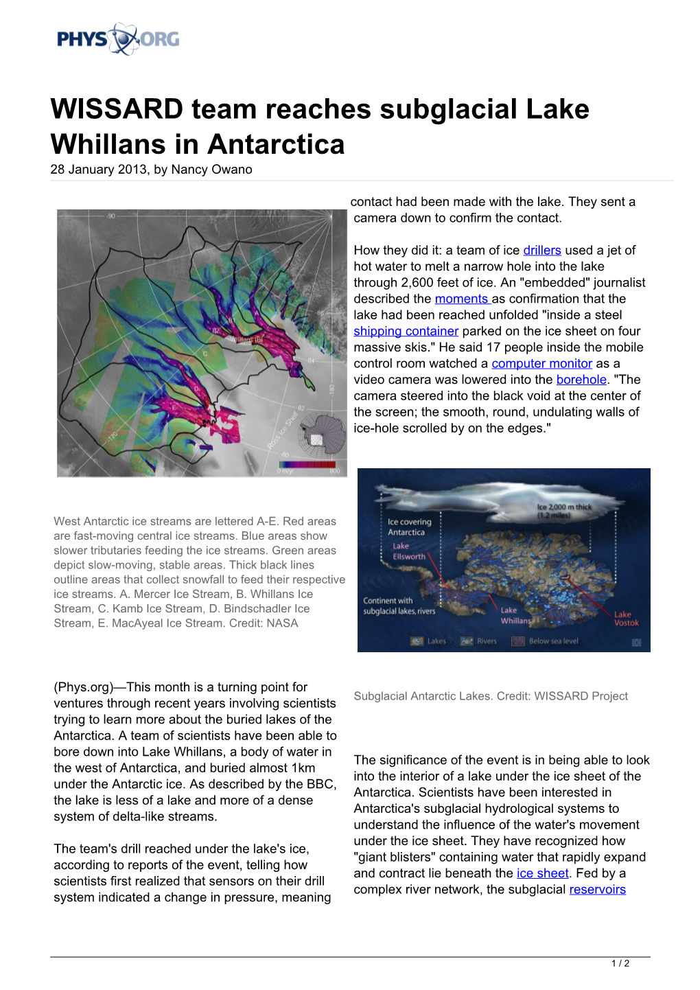 WISSARD Team Reaches Subglacial Lake Whillans in Antarctica 28 January 2013, by Nancy Owano