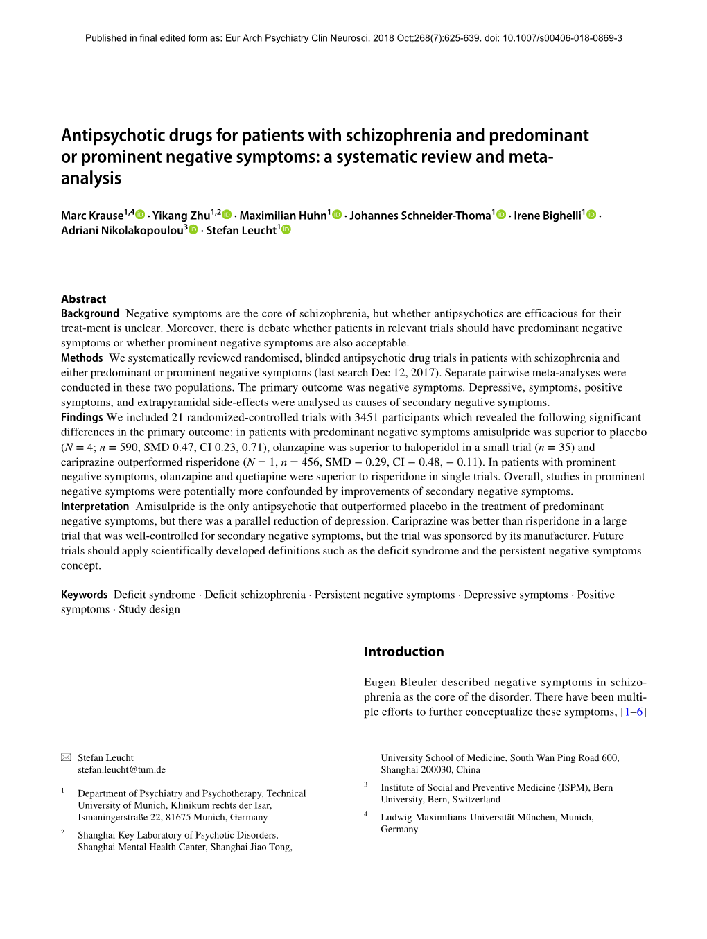 Antipsychotic Drugs for Patients with Schizophrenia and Predominant Or Prominent Negative Symptoms: a Systematic Review and Meta- Analysis