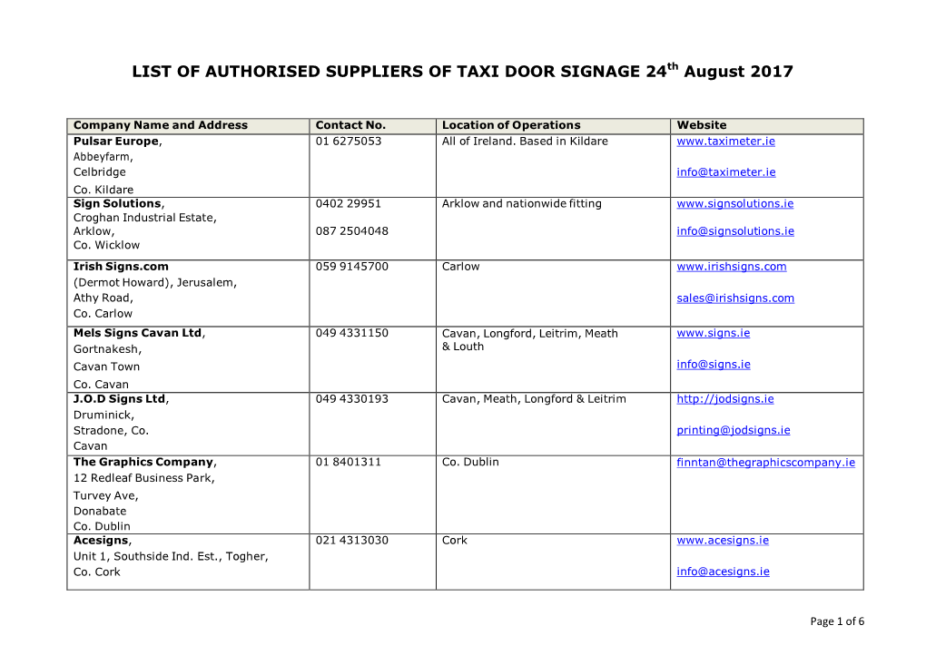 LIST of AUTHORISED SUPPLIERS of TAXI DOOR SIGNAGE 24Th August 2017