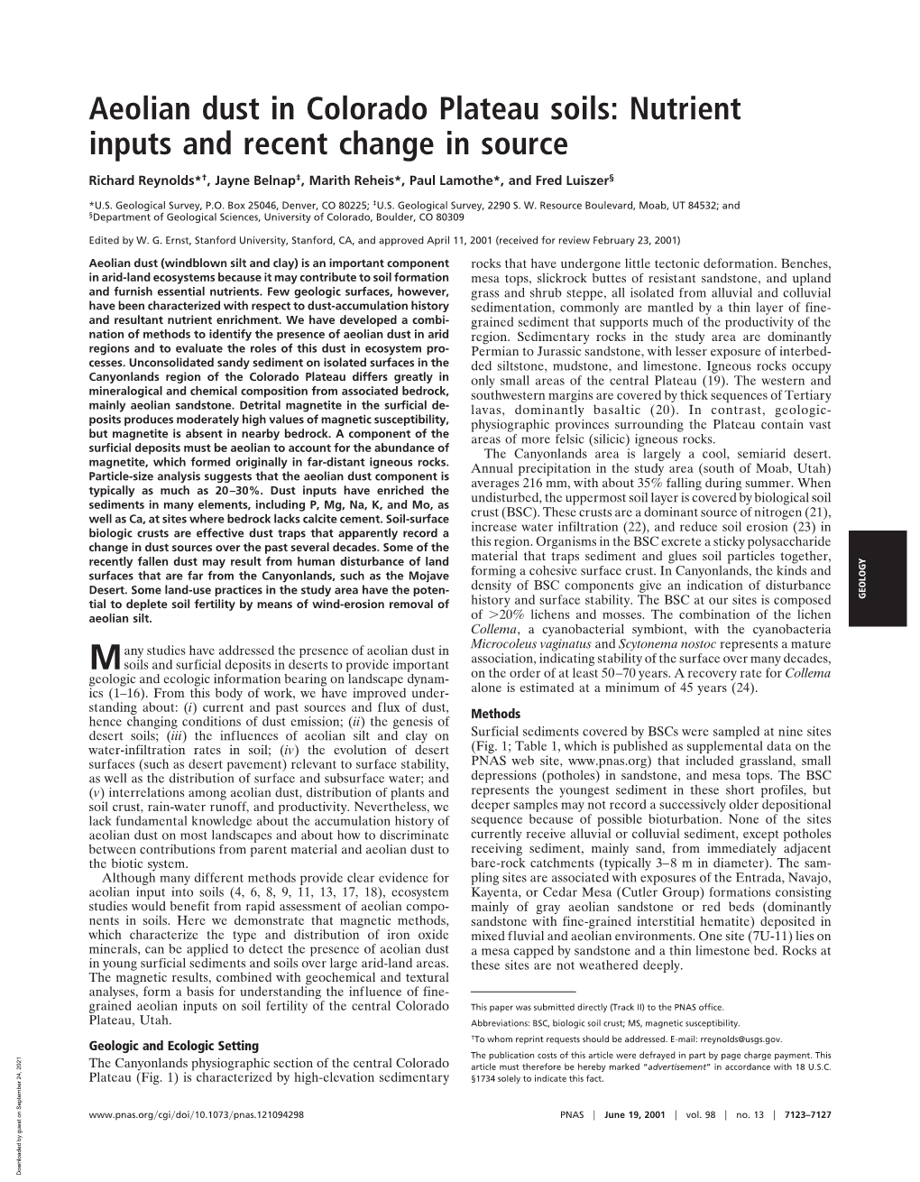 Aeolian Dust in Colorado Plateau Soils: Nutrient Inputs and Recent Change in Source