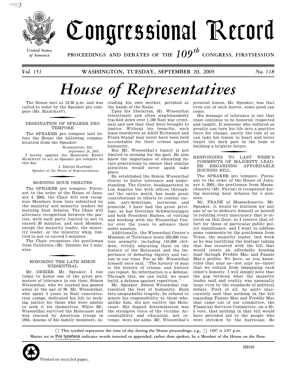 Congressional Record United States Th of America PROCEEDINGS and DEBATES of the 109 CONGRESS, FIRSTSESSION