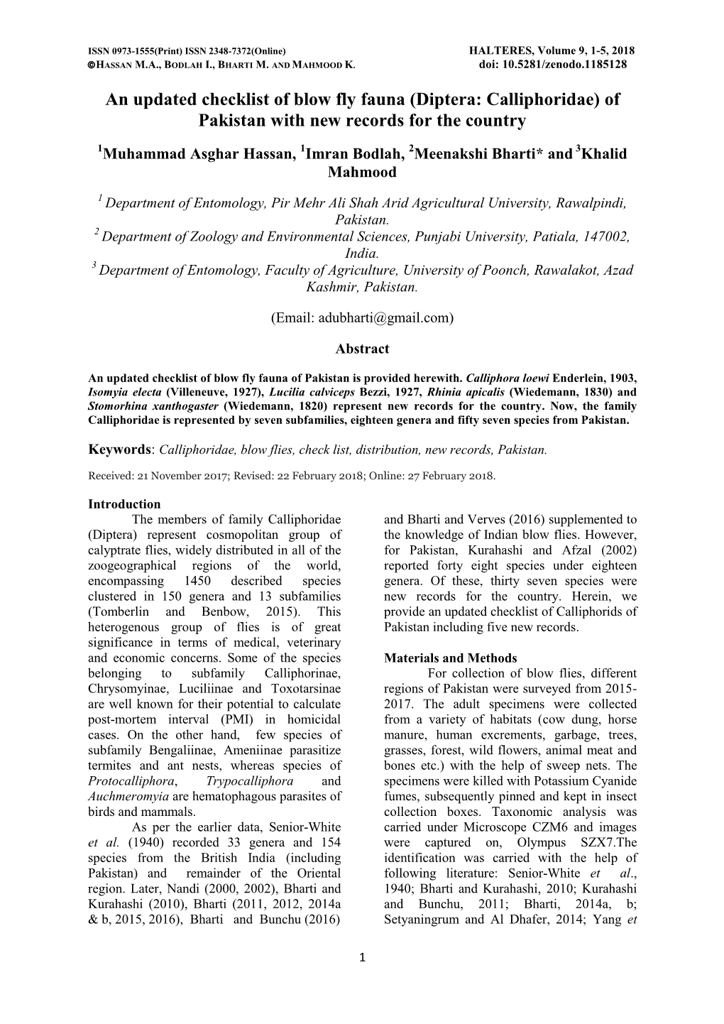 An Updated Checklist of Blow Fly Fauna (Diptera: Calliphoridae) of Pakistan with New Records for the Country