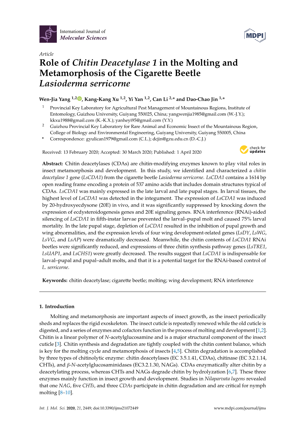 Role of Chitin Deacetylase 1 in the Molting and Metamorphosis of the Cigarette Beetle Lasioderma Serricorne