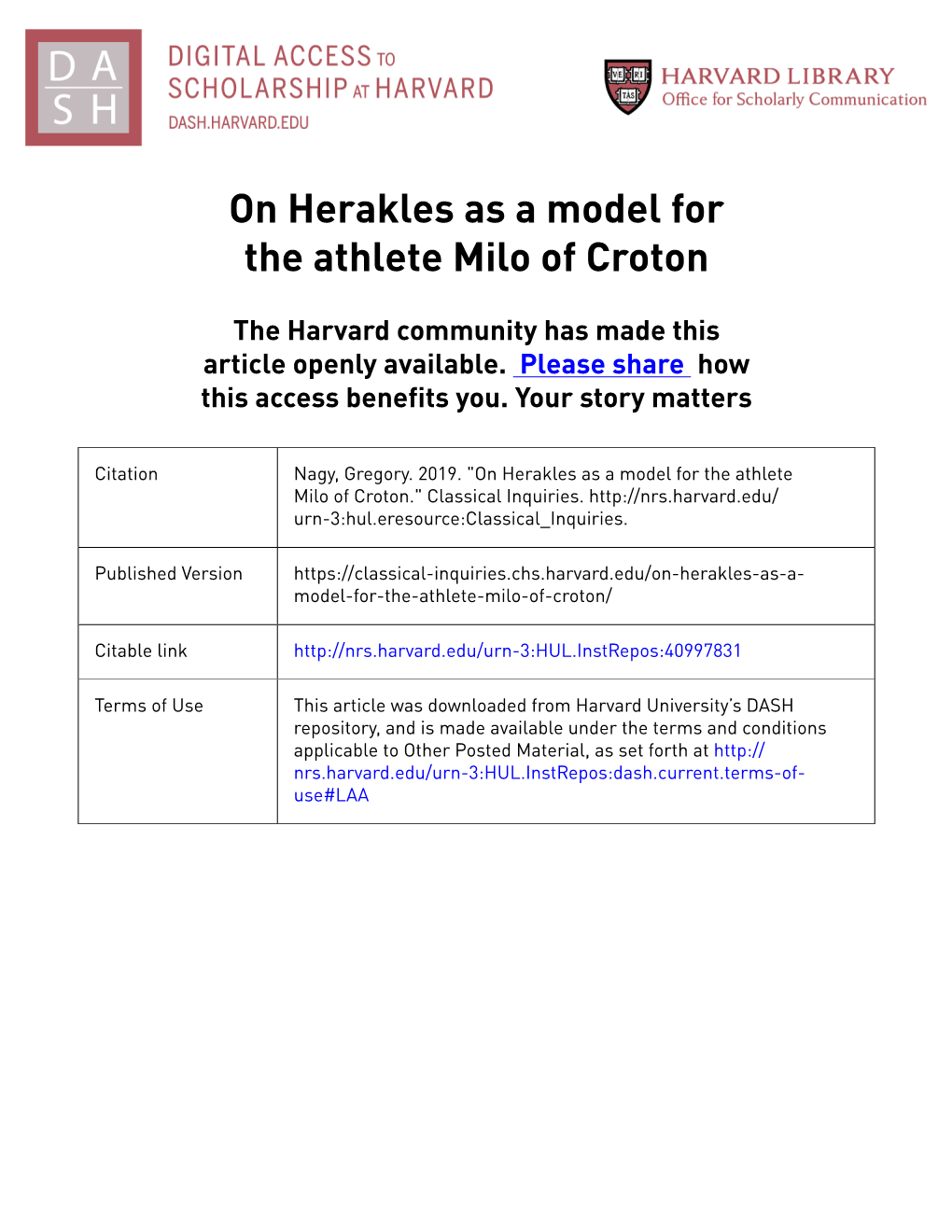 On Herakles As a Model for the Athlete Milo of Croton