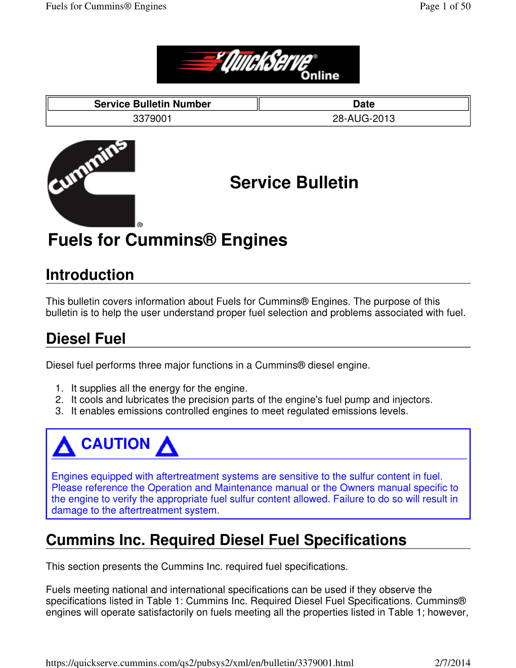 Service Bulletin Fuels for Cummins® Engines