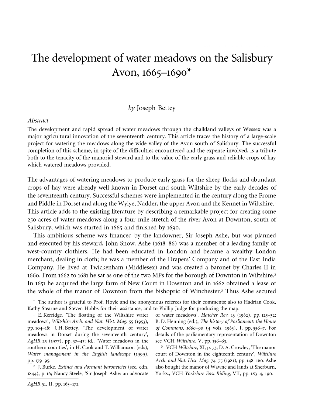 The Development of Water Meadows on the Salisbury Avon, 1665–1690*