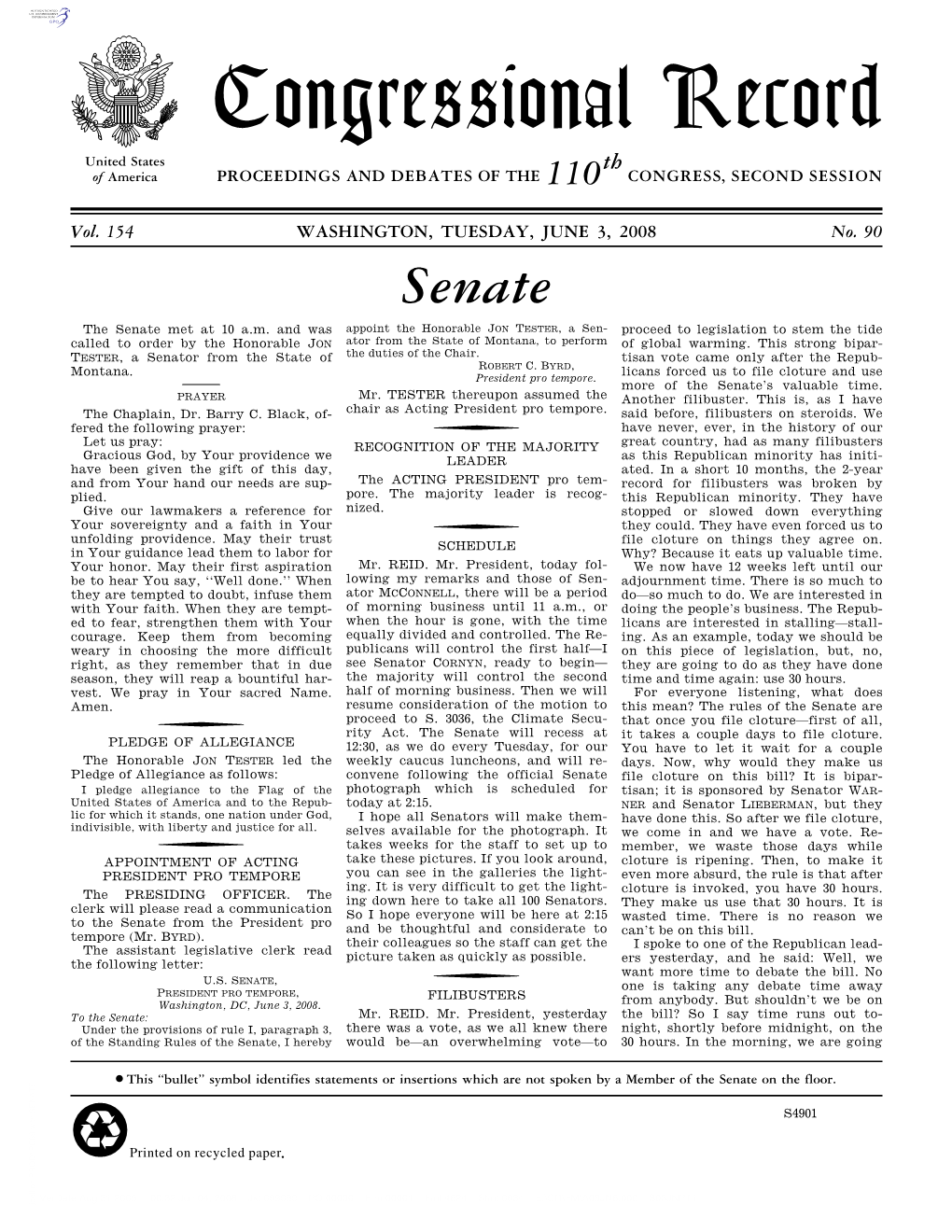 Congressional Record United States Th of America PROCEEDINGS and DEBATES of the 110 CONGRESS, SECOND SESSION