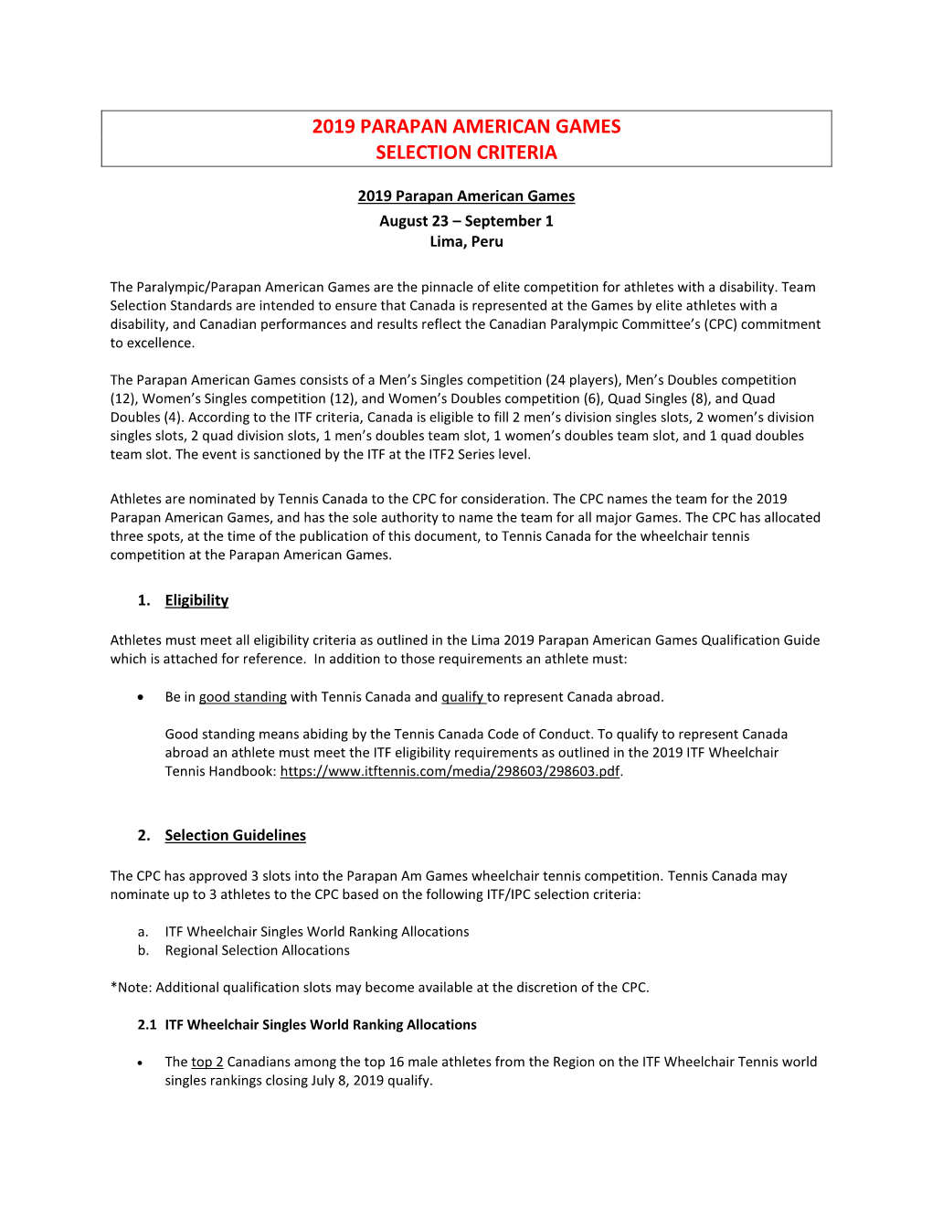 2019 Parapan American Games Selection Criteria