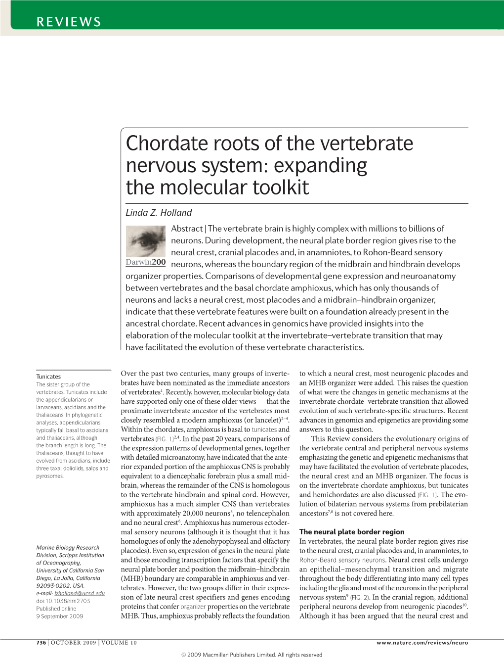 Chordate Roots of the Vertebrate Nervous System: Expanding the Molecular Toolkit