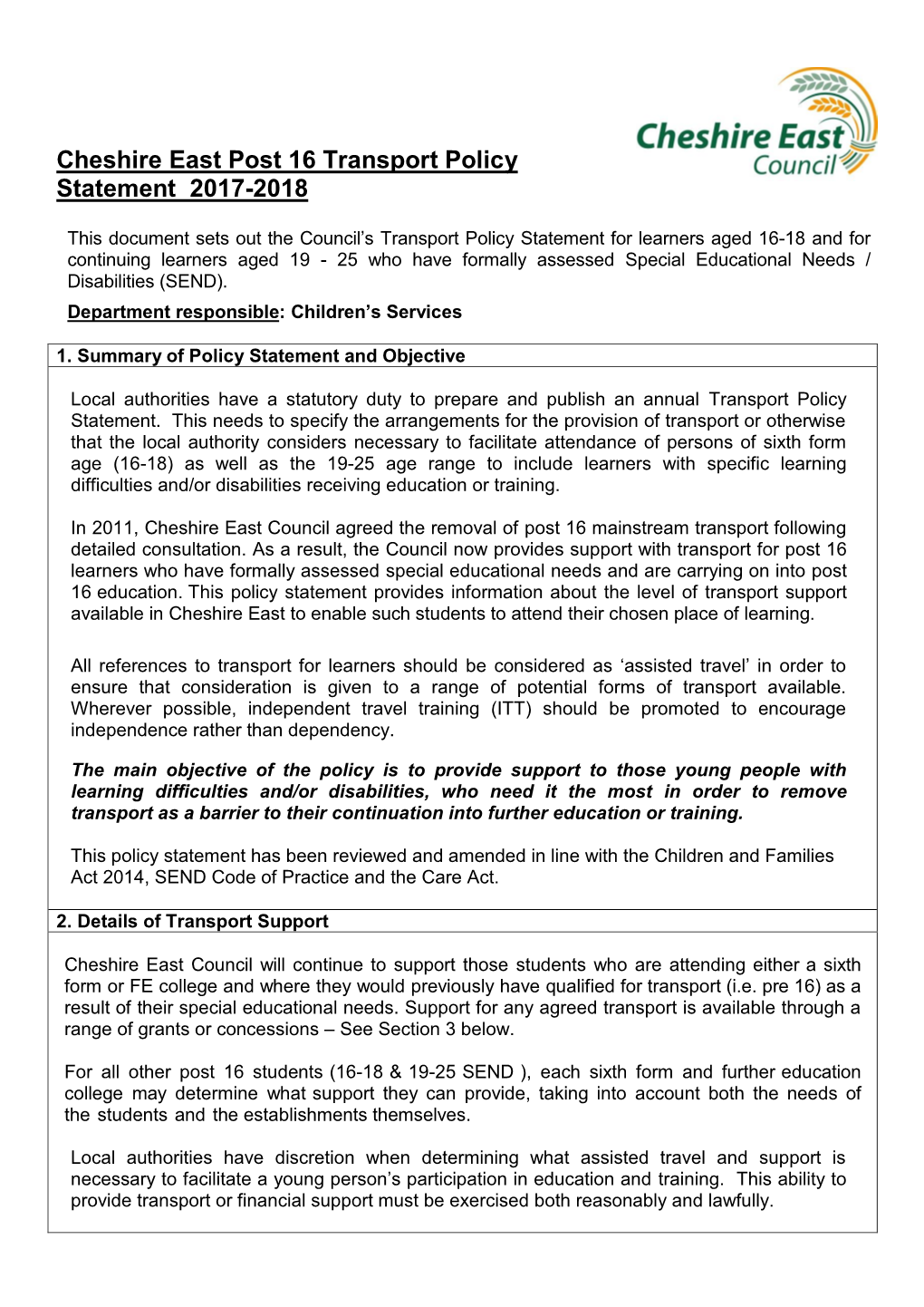 Cheshire East Post 16 Transport Policy Statement 2017-2018