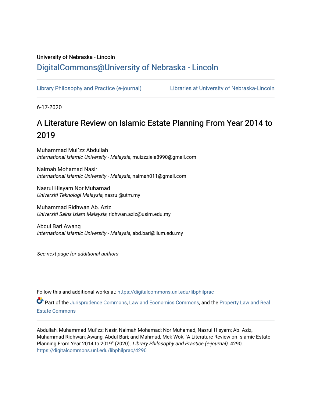 A Literature Review on Islamic Estate Planning from Year 2014 to 2019