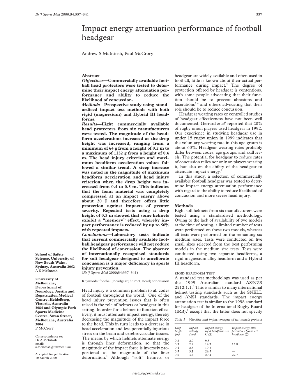 Impact Energy Attenuation Performance of Football Headgear