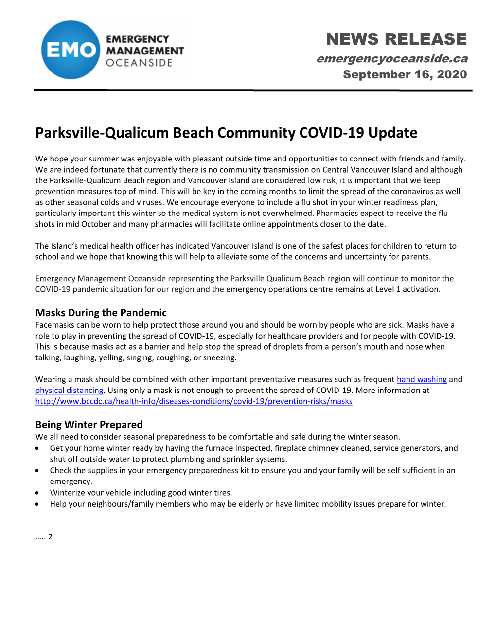 NEWS RELEASE Parksville-Qualicum Beach