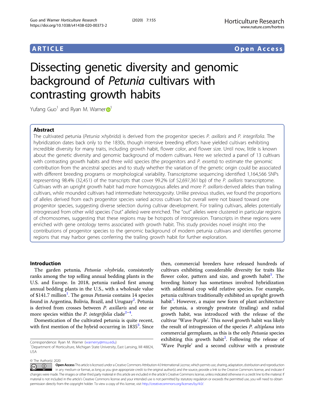 Dissecting Genetic Diversity and Genomic Background of Petunia Cultivars with Contrasting Growth Habits Yufang Guo1 and Ryan M