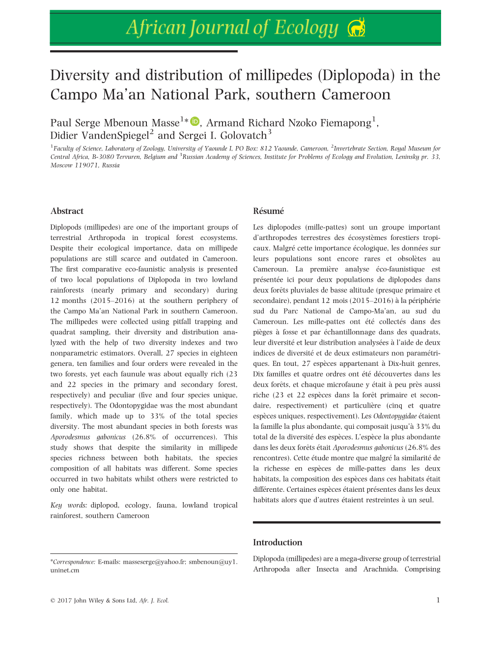 Diversity and Distribution of Millipedes (Diplopoda) in the Campo Ma’An National Park, Southern Cameroon