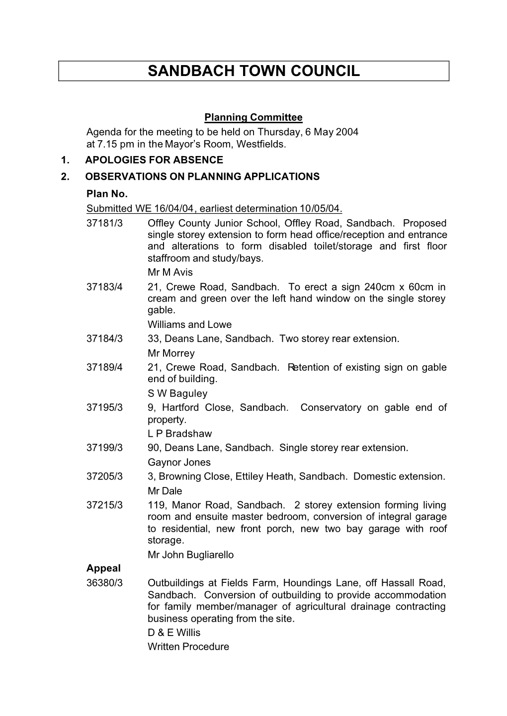 Planning Committee Meeting Agenda 6 May 2004