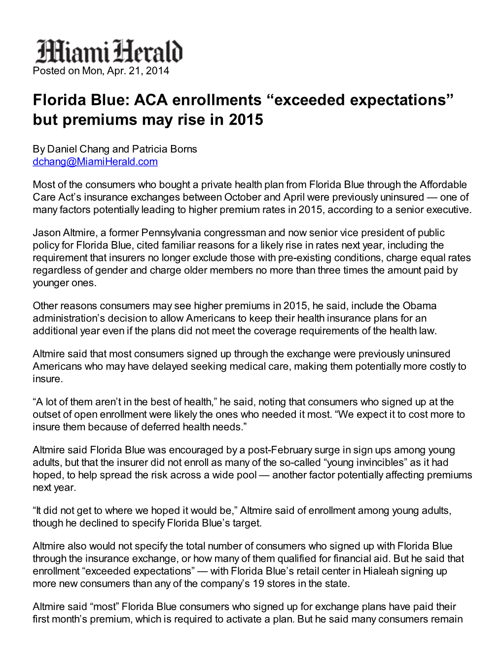 Florida Blue: ACA Enrollments “Exceeded Expectations” but Premiums May Rise in 2015