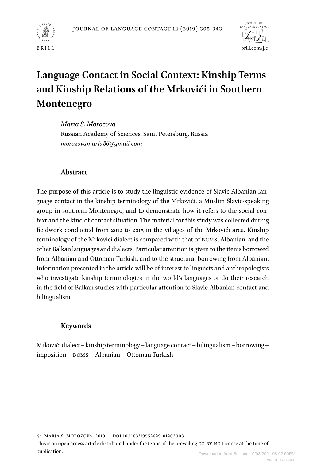 Language Contact in Social Context: Kinship Terms and Kinship Relations of the Mrkovići in Southern Montenegro