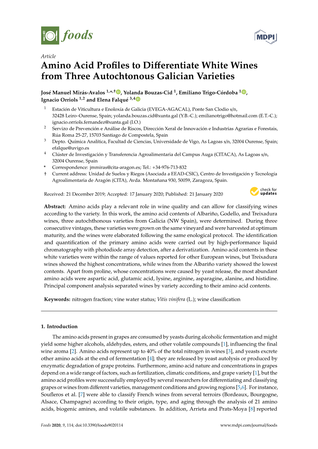 Amino Acid Profiles to Differentiate White Wines from Three