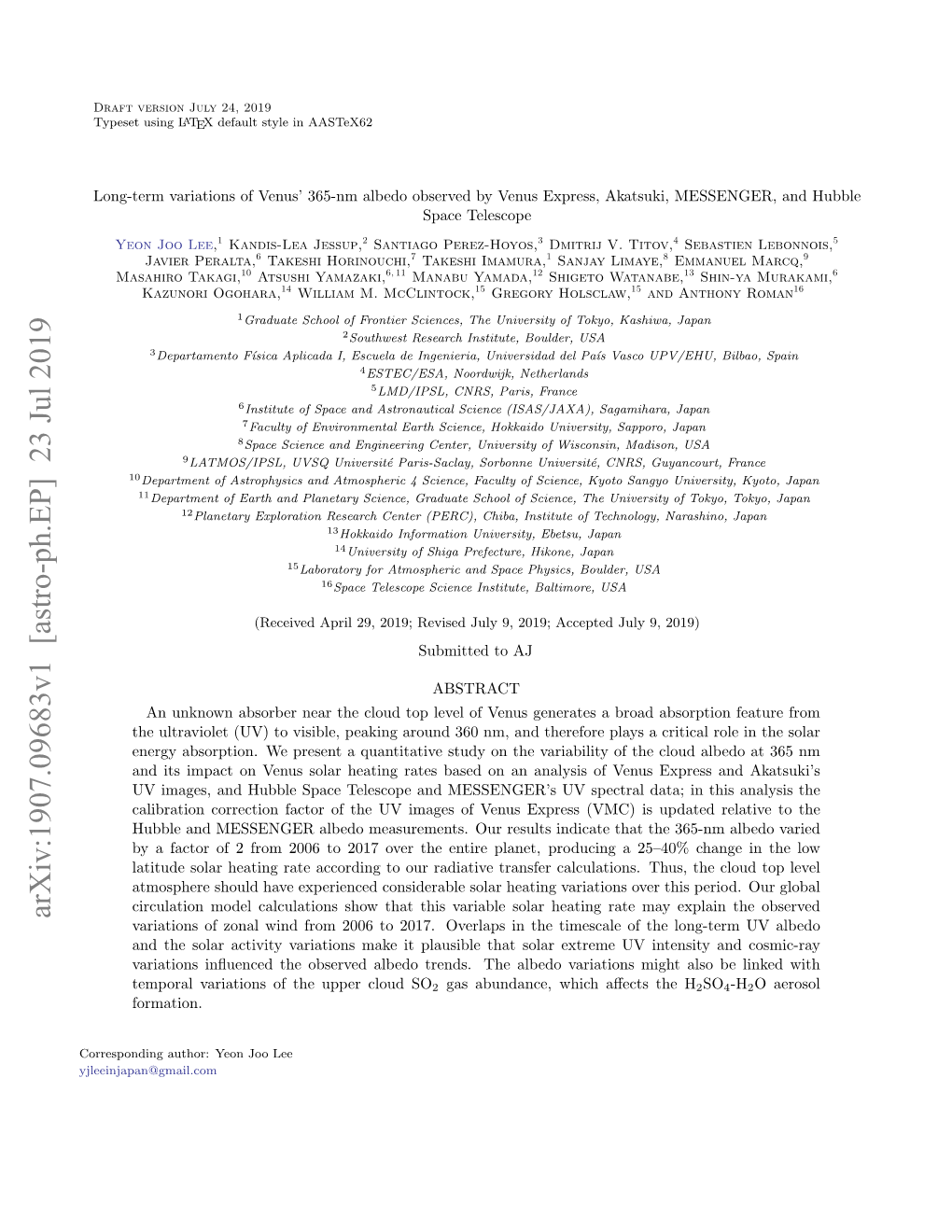 Arxiv:1907.09683V1 [Astro-Ph.EP] 23 Jul 2019 Variations of Zonal Wind from 2006 to 2017