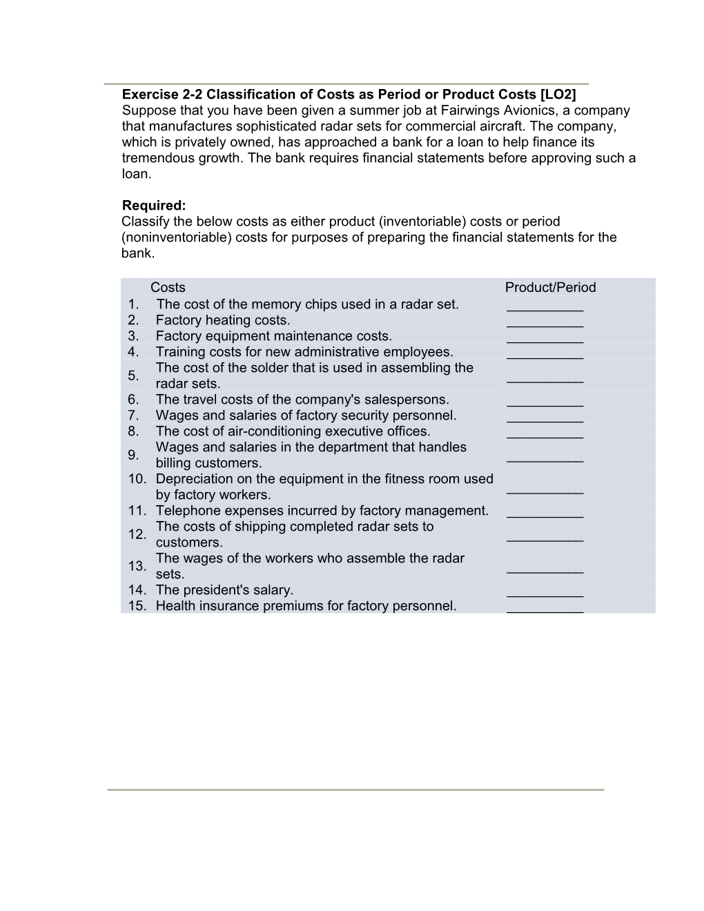 Exercise 2-2 Classification of Costs As Period Or Product Costs LO2