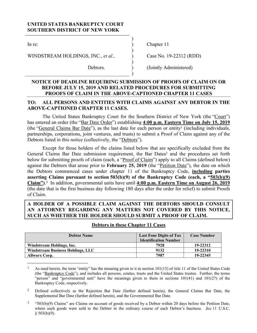 Chapter 11 ) WINDSTREAM HOLDINGS, INC., Et Al., ) Case No