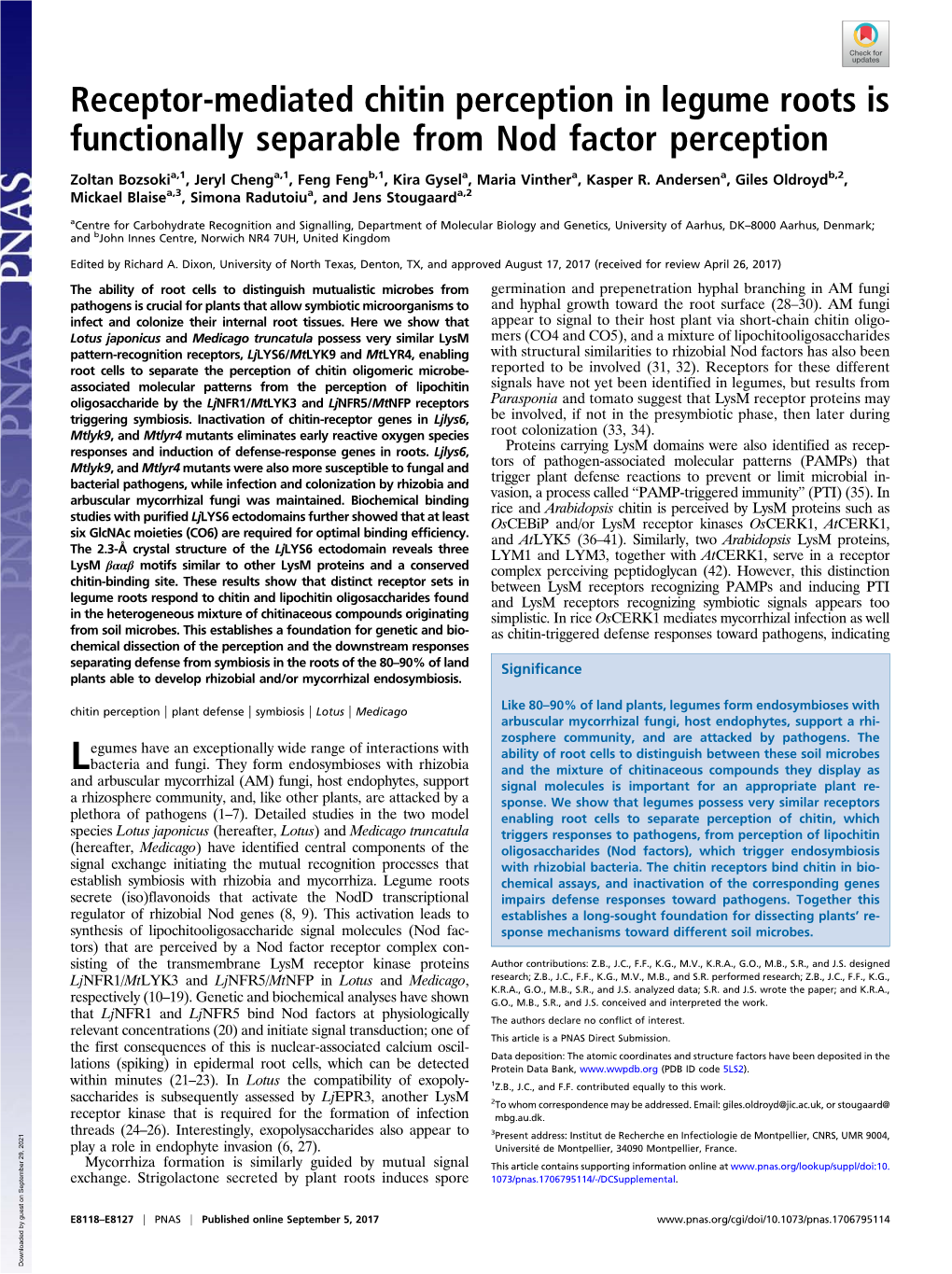 Receptor-Mediated Chitin Perception in Legume Roots Is Functionally Separable from Nod Factor Perception