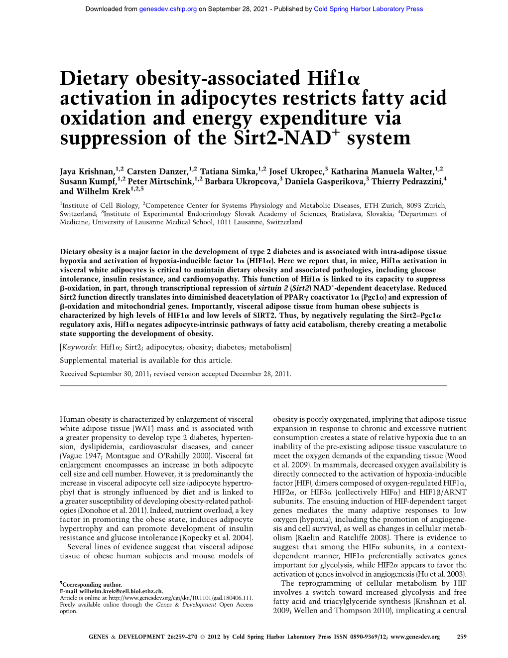 Dietary Obesity-Associated Hif1a Activation in Adipocytes Restricts Fatty Acid Oxidation and Energy Expenditure Via Suppression of the Sirt2-NAD+ System