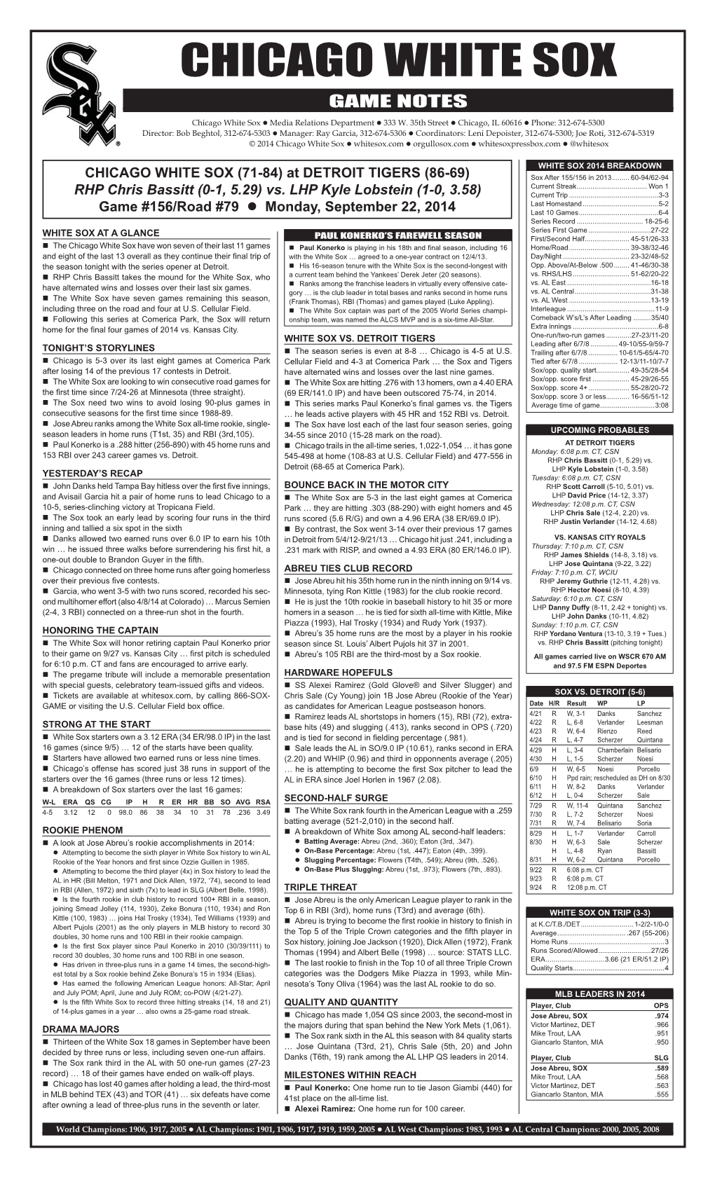 Chicago White Sox Game Notes