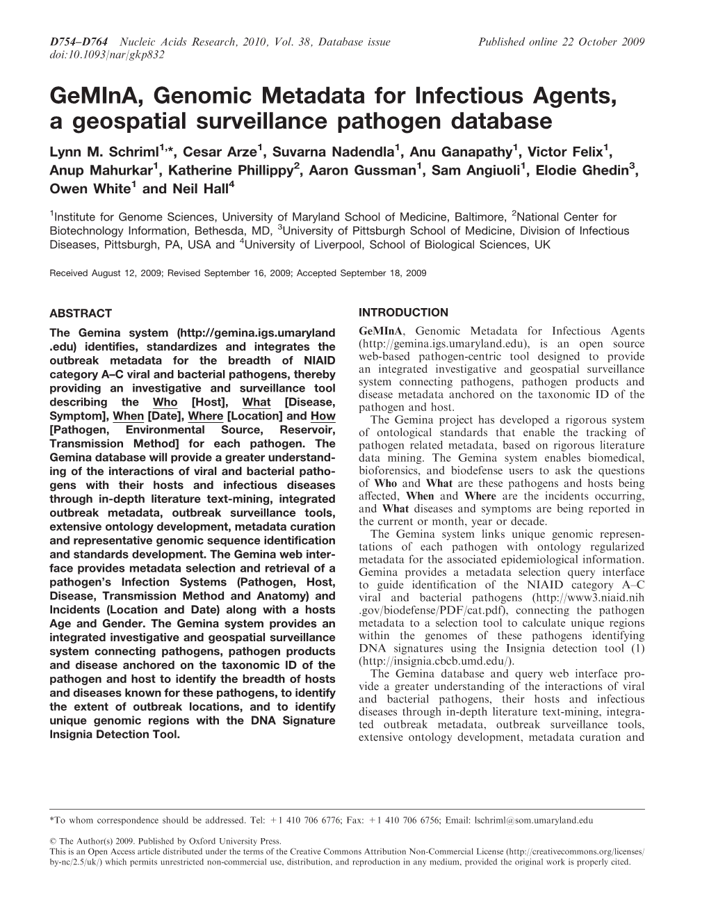 Gemina, Genomic Metadata for Infectious Agents, a Geospatial Surveillance Pathogen Database Lynn M