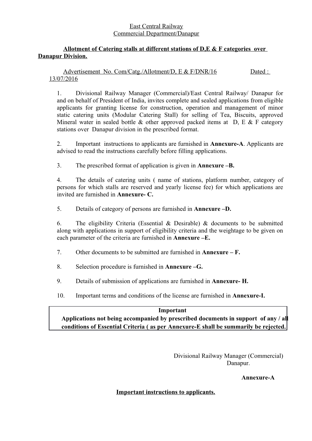 Allotment of Catering Stalls at Different Stations of D,E & F Categories Over Danapur