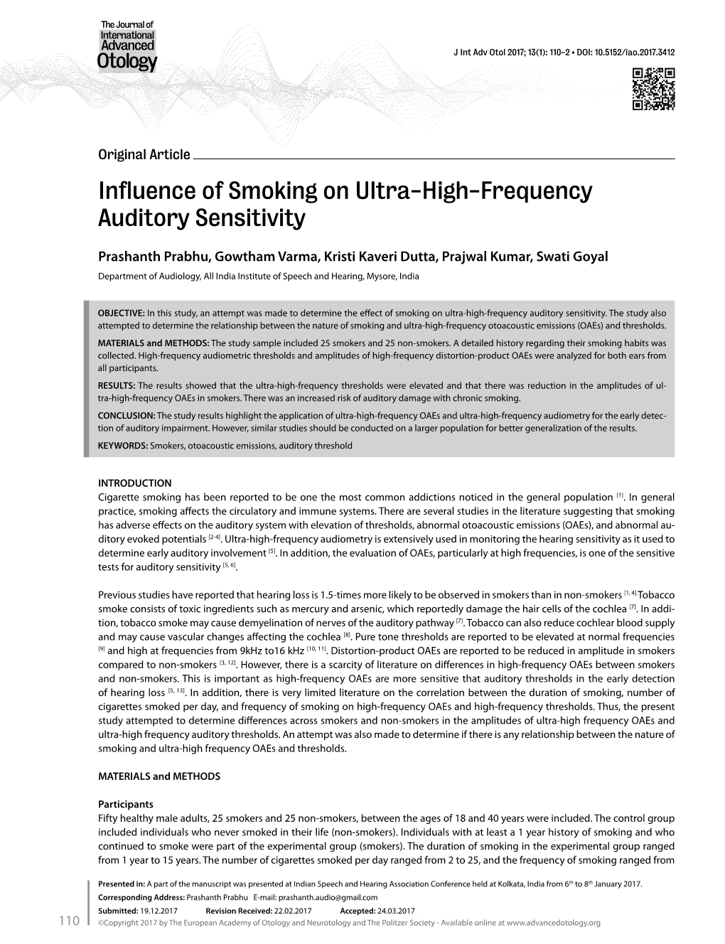 Influence of Smoking on Ultra-High-Frequency Auditory Sensitivity