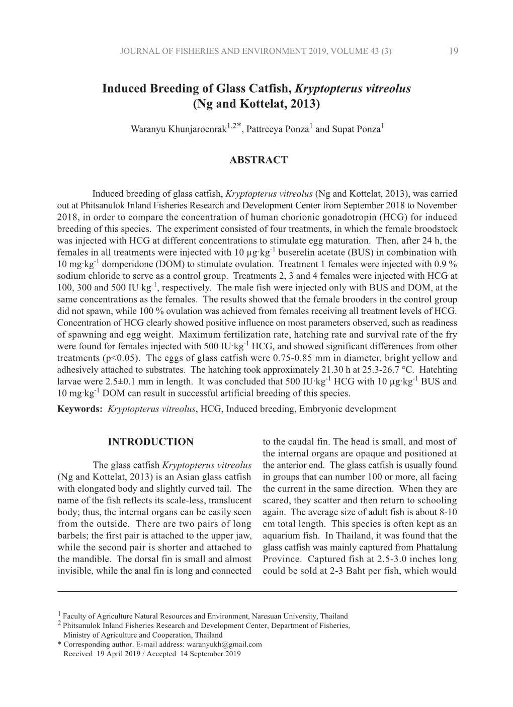 Induced Breeding of Glass Catfish, Kryptopterus Vitreolus (Ng and Kottelat, 2013)