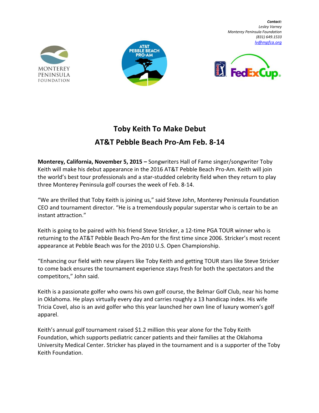 Toby Keith to Make Debut AT&T Pebble Beach Pro-Am Feb. 8-14