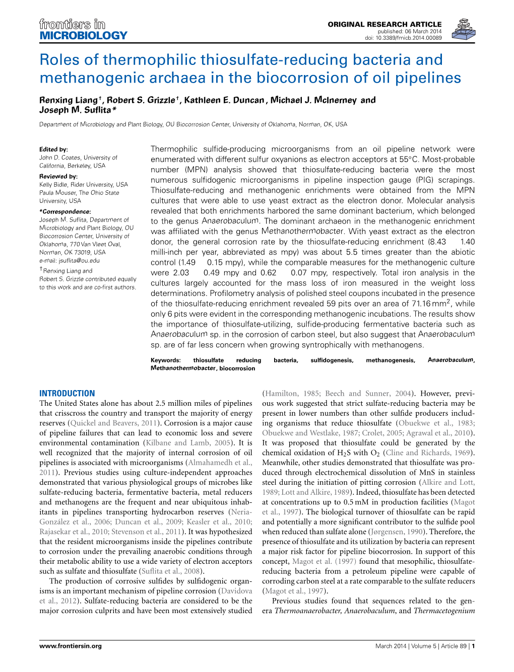 Roles of Thermophilic Thiosulfate-Reducing Bacteria and Methanogenic Archaea in the Biocorrosion of Oil Pipelines