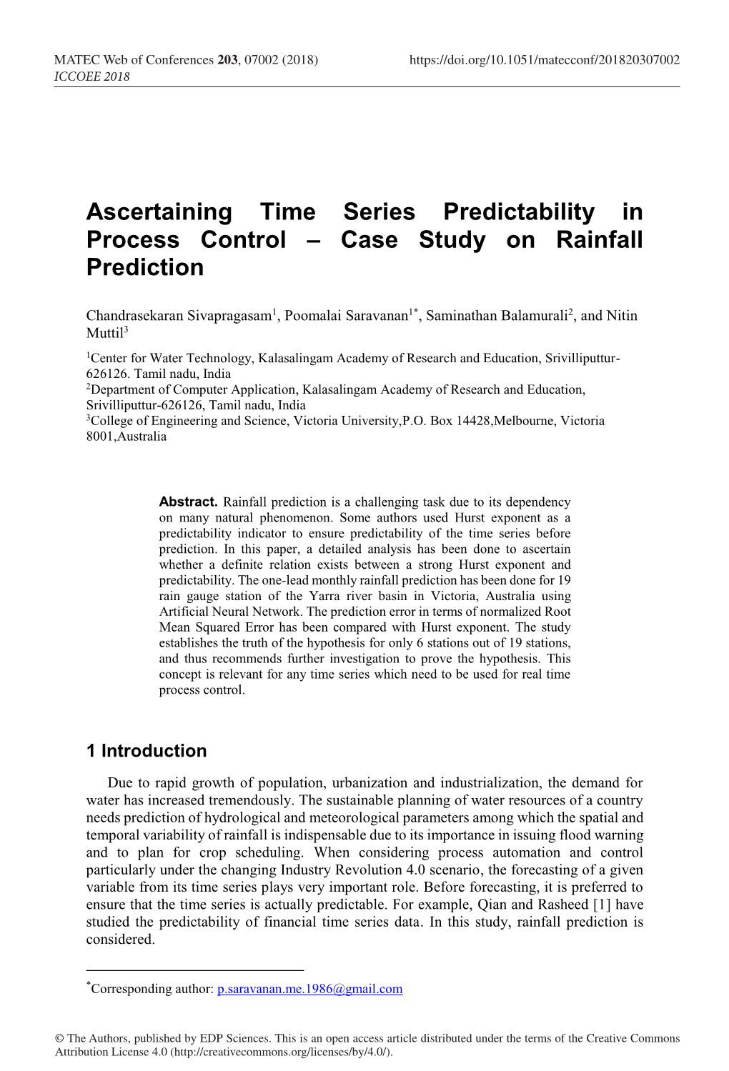 Ascertaining Time Series Predictability in Process Control – Case Study on Rainfall Prediction