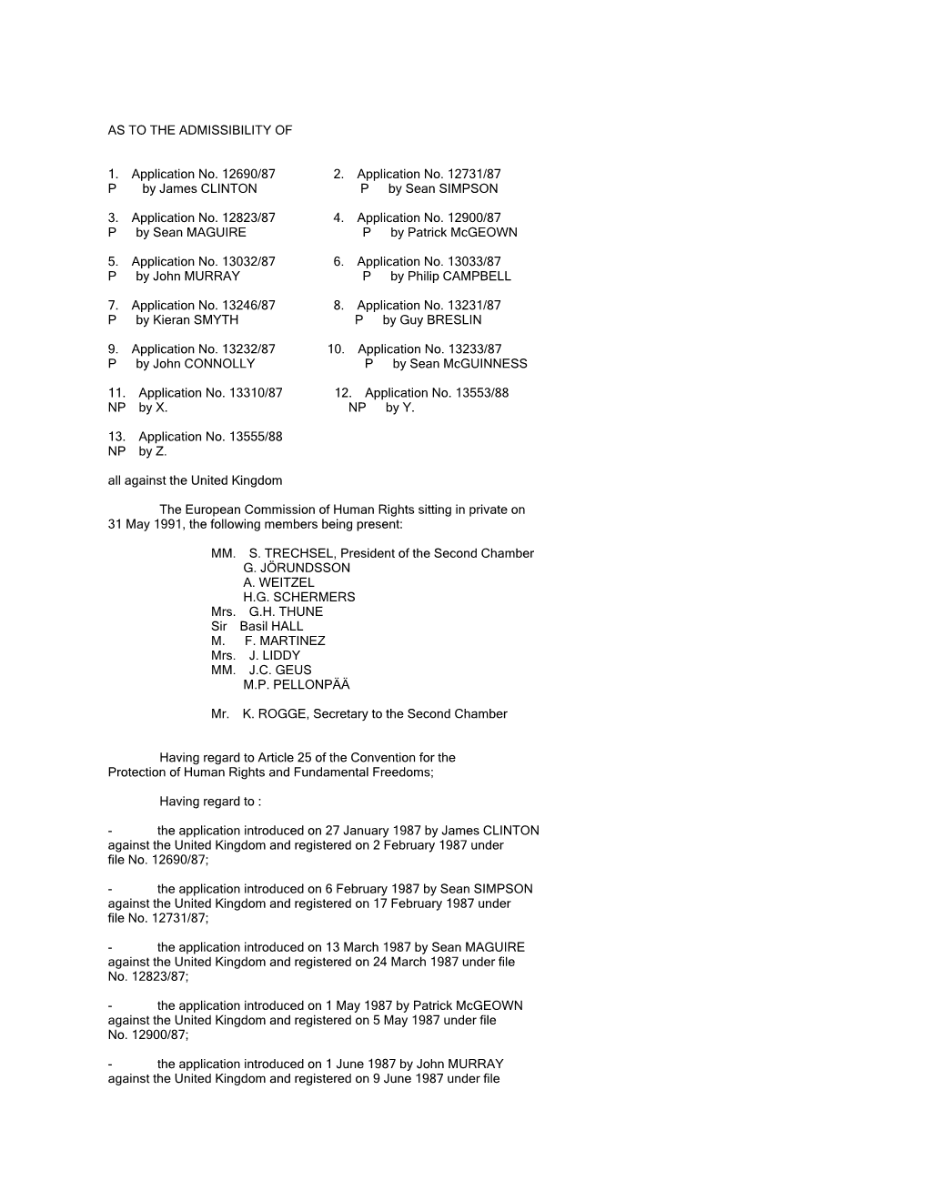 AS to the ADMISSIBILITY of 1. Application No. 12690/87 2. Application No. 12731/87 P by James CLINTON P by Sean S