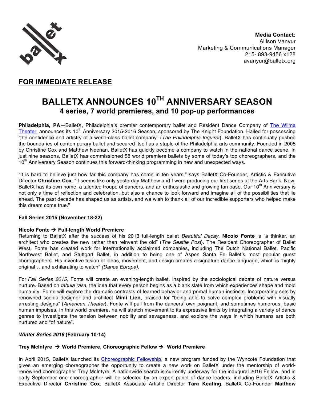 Balletx Announces 10 Anniversary Season
