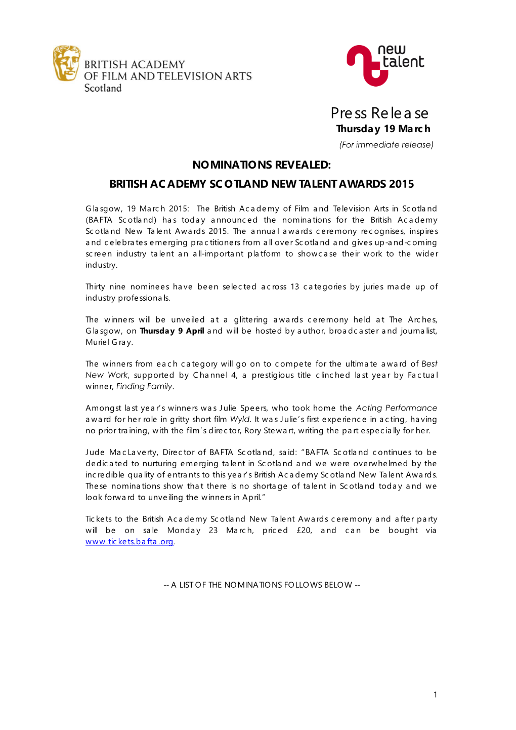 Press Release Thursday 19 March