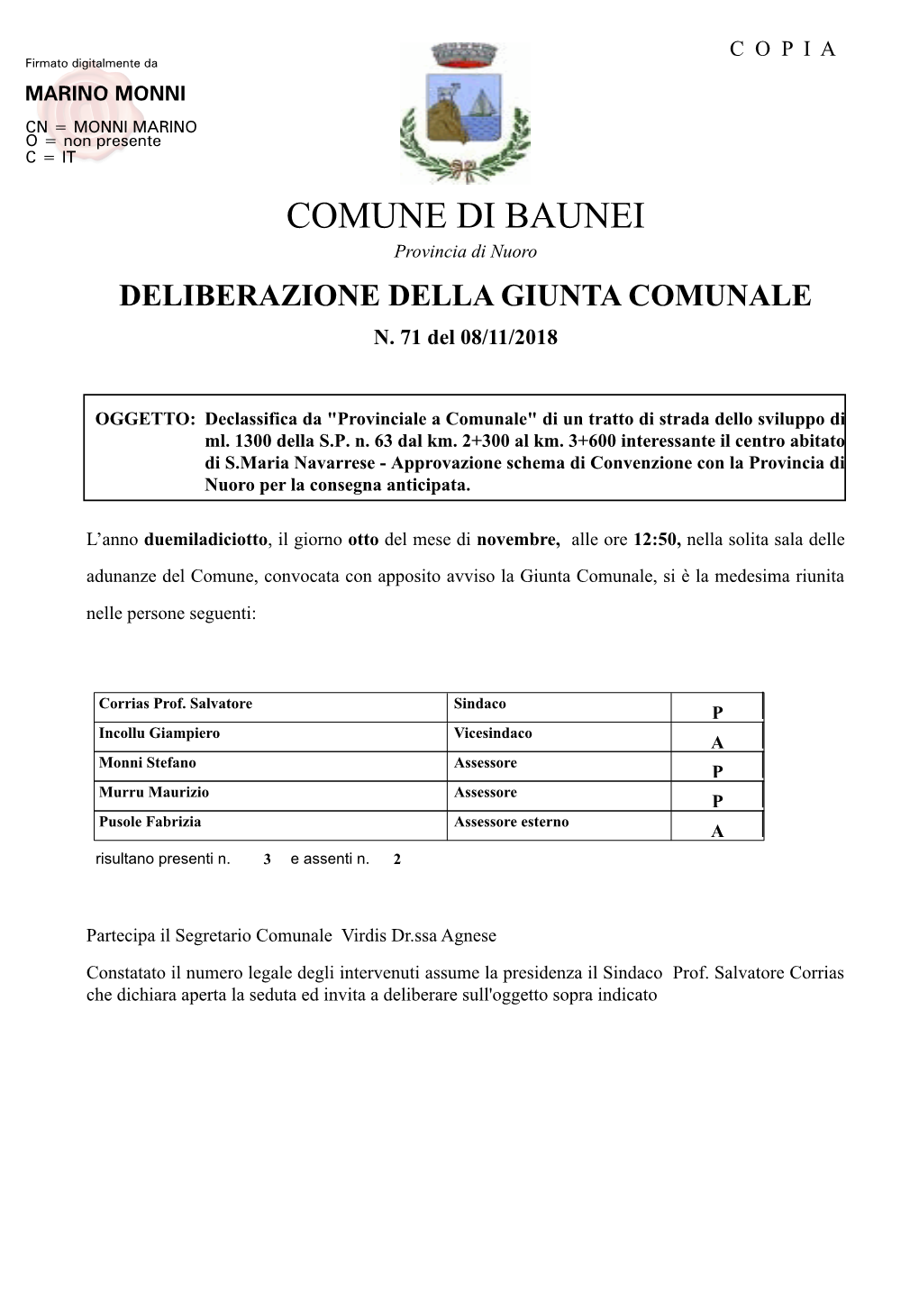 COMUNE DI BAUNEI Provincia Di Nuoro DELIBERAZIONE DELLA GIUNTA COMUNALE N