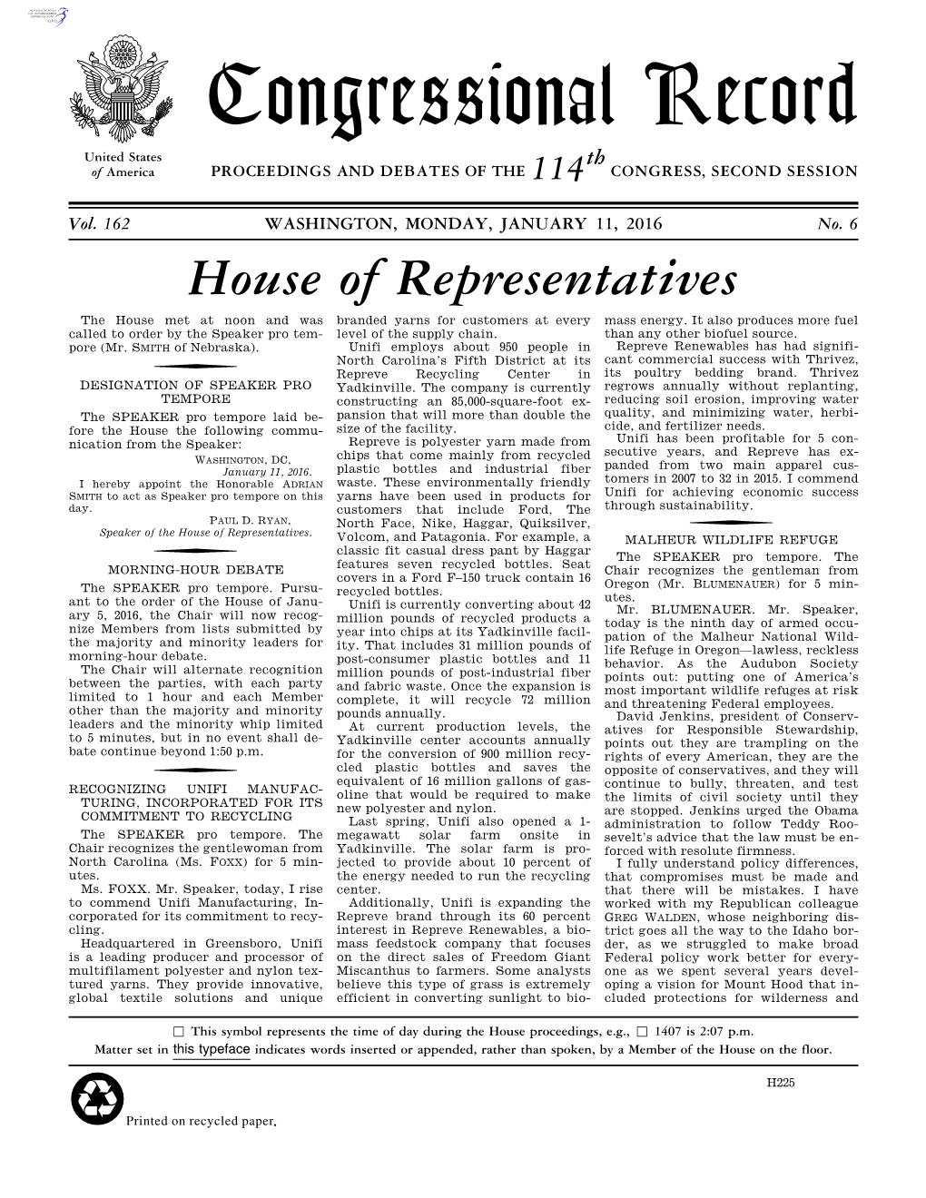 Congressional Record United States Th of America PROCEEDINGS and DEBATES of the 114 CONGRESS, SECOND SESSION