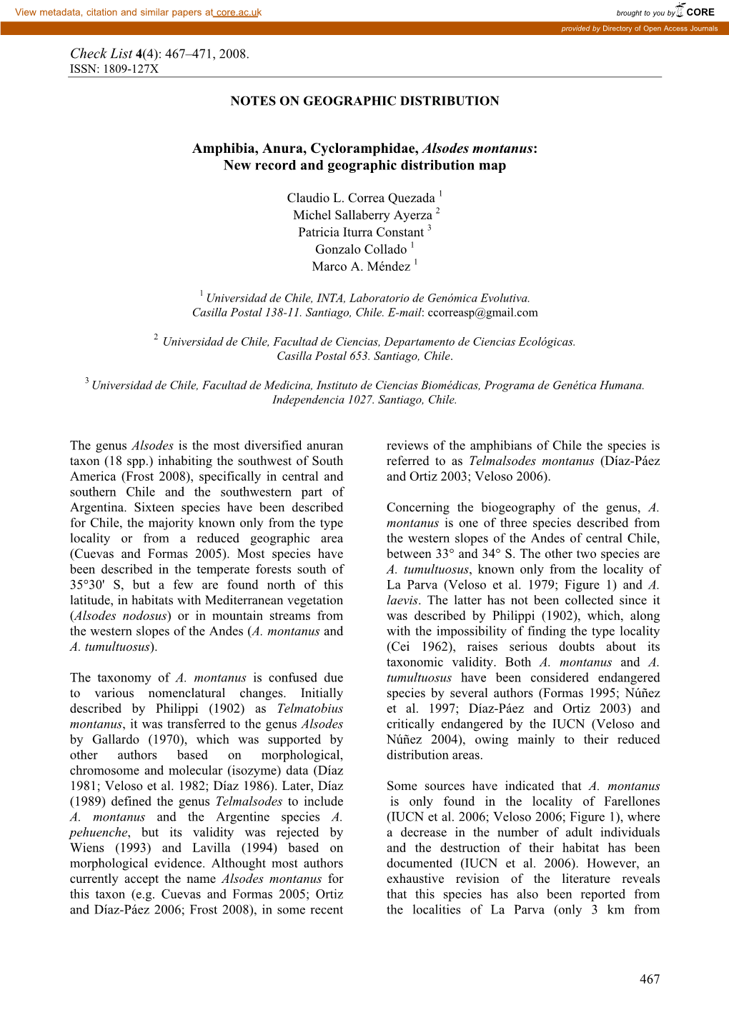 Amphibia, Anura, Cycloramphidae, Alsodes Montanus: New Record and Geographic Distribution Map