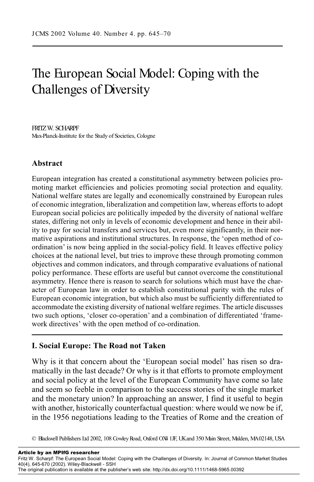 The European Social Model: Coping with the Challenges of Diversity