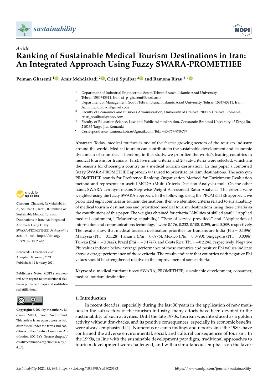 Ranking of Sustainable Medical Tourism Destinations in Iran: an Integrated Approach Using Fuzzy SWARA-PROMETHEE