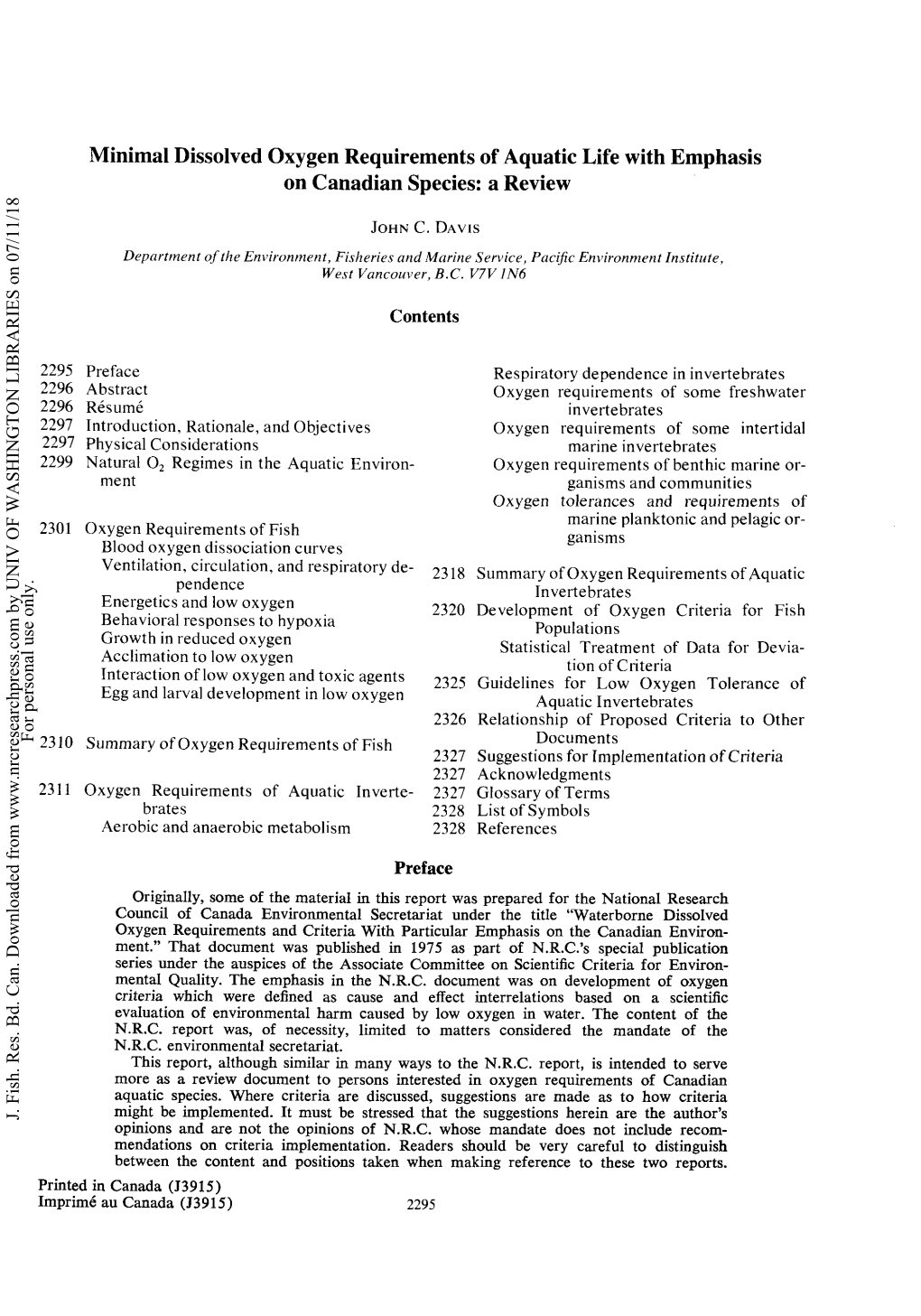 Minimal Dissolved Oxygen Requirements of Aquatic Life With