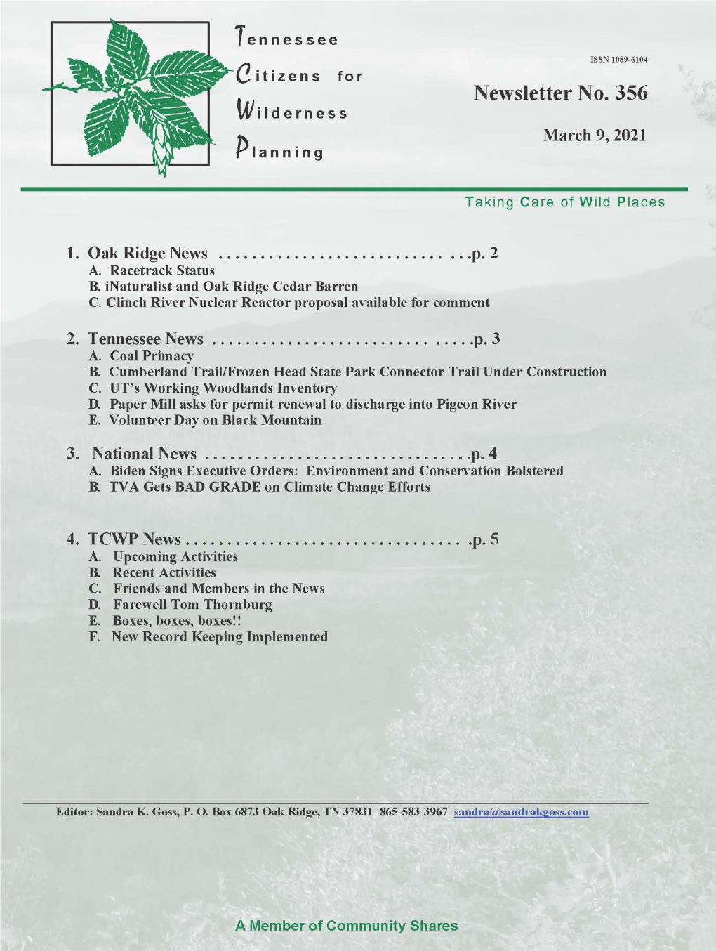 Newsletter No. 356 Wilderness March 9, 2021 Planning