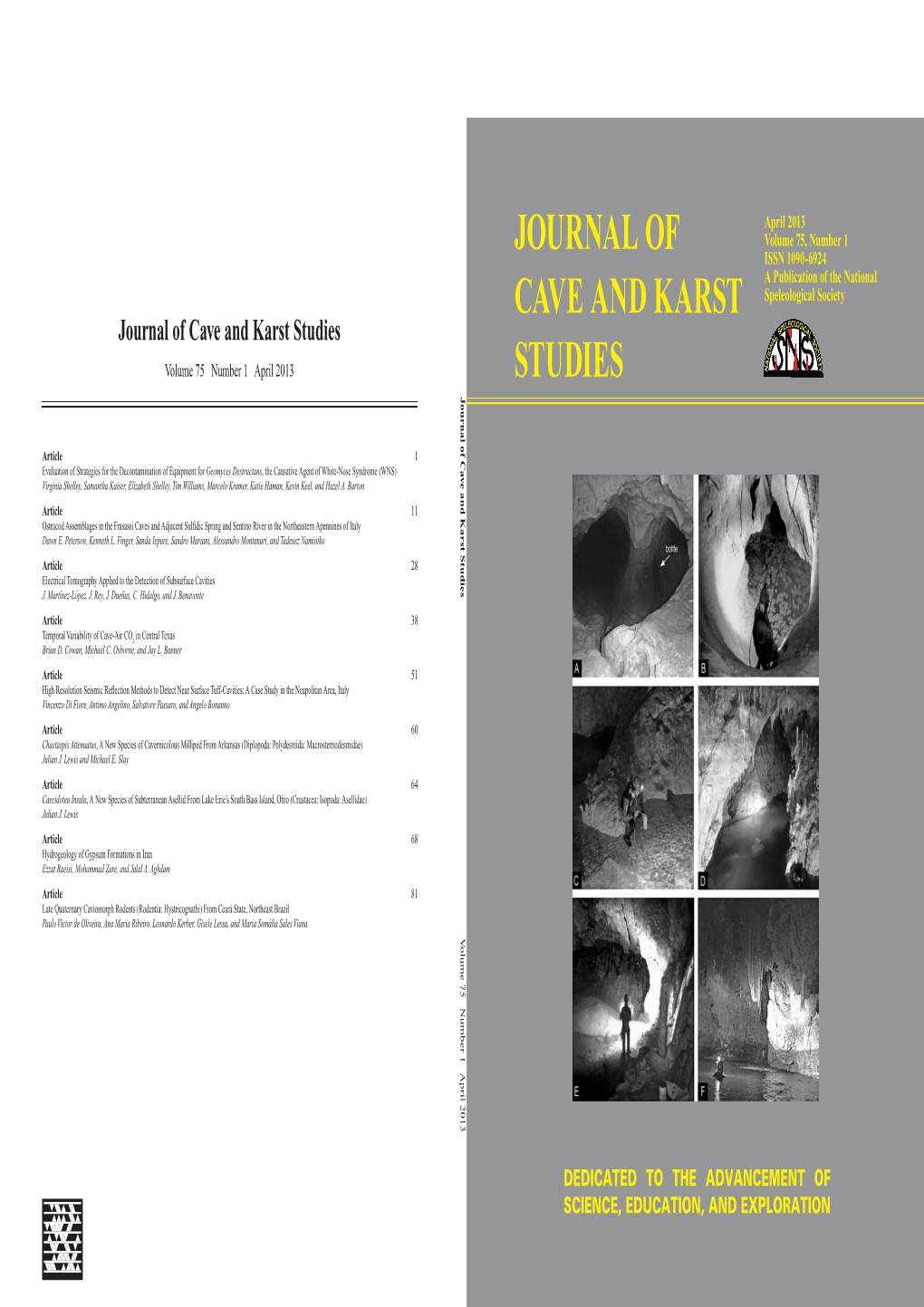 Journal of Cave and Karst Studies Volume 75 Number 1 April 2013 1 11 28 38 51 60 64 68 81