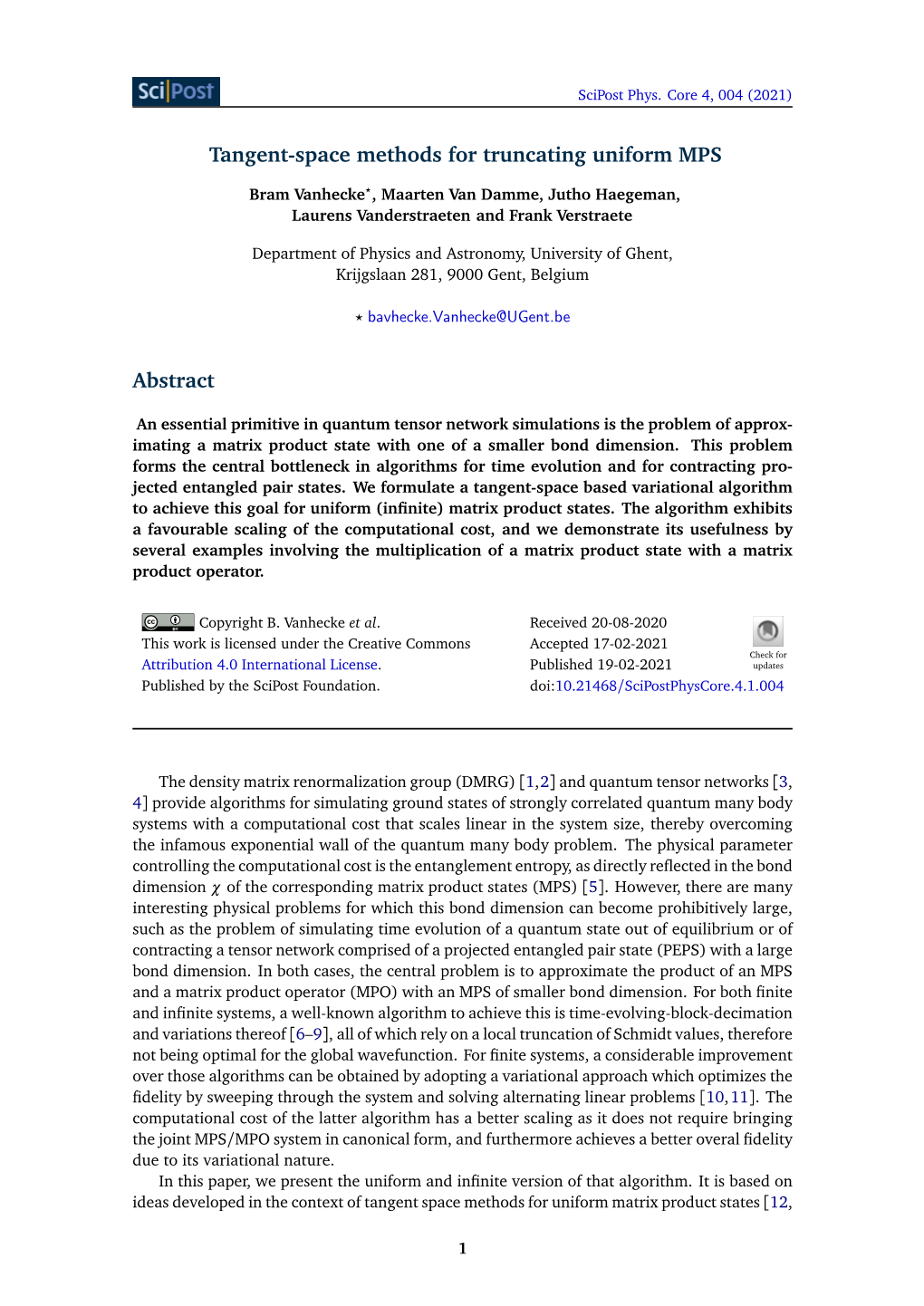 Tangent-Space Methods for Truncating Uniform MPS