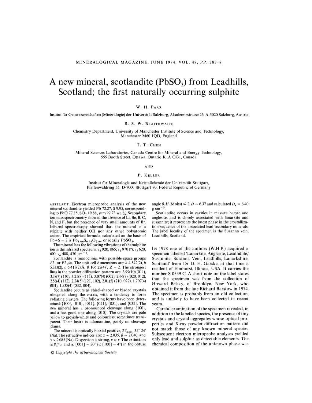 A New Mineral, Scotlandite (Pbs03) from Leadhills, Scotland; the First Naturally Occurring Sulphite