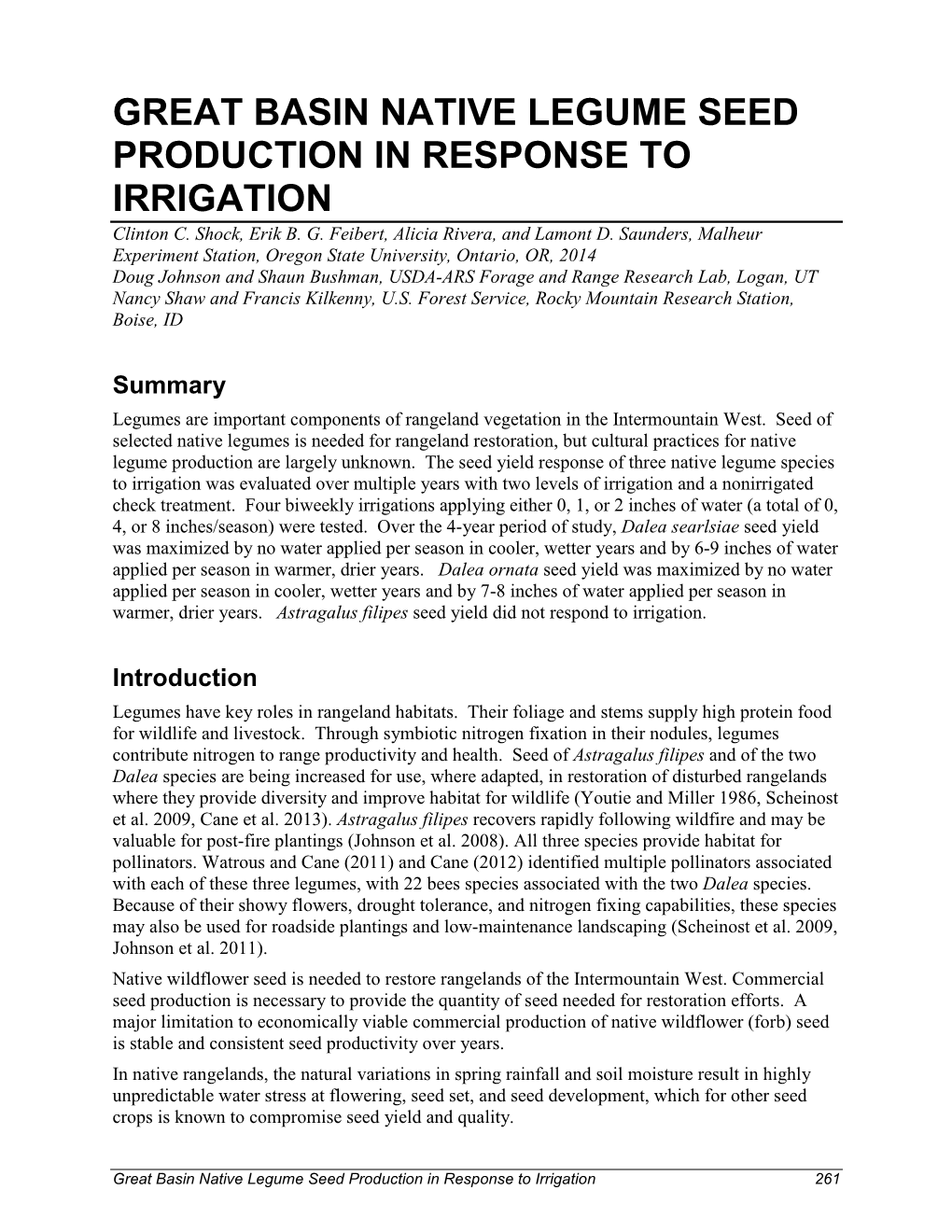 GREAT BASIN NATIVE LEGUME SEED PRODUCTION in RESPONSE to IRRIGATION Clinton C
